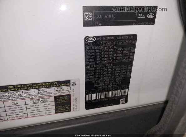 SALRR2RV6K2411152 2019 LAND ROVER DISCOVERY White Vista del compartimento del motor
