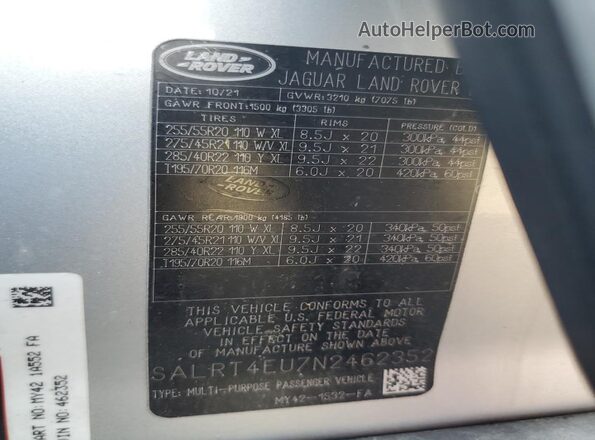 SALRT4EU7N2462352 2022 LAND ROVER DISCOVERY Silver VIN sticker view