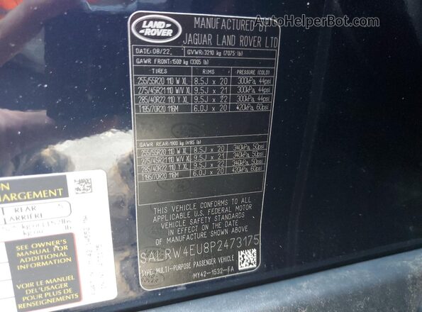 SALRW4EU8P2473175 2023 LAND ROVER DISCOVERY Blue Vista de la etiqueta del VIN