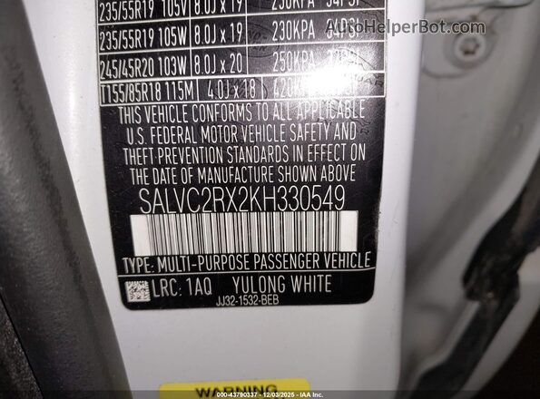 SALVC2RX2KH330549 2019 LAND ROVER RANGE ROVER EVOQUE White Շարժիչի բաժամունքի տեսք