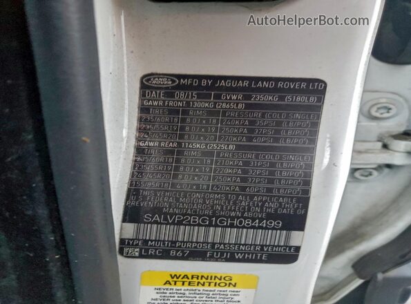 SALVP2BG1GH084499 2016 LAND ROVER RANGE Белый Вид наклейки с VIN-кодом