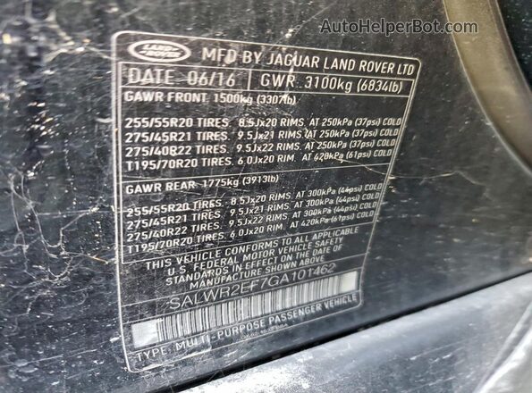 SALWR2EF7GA101462 2016 LAND ROVER RANGE Black Вид підкапотного простору
