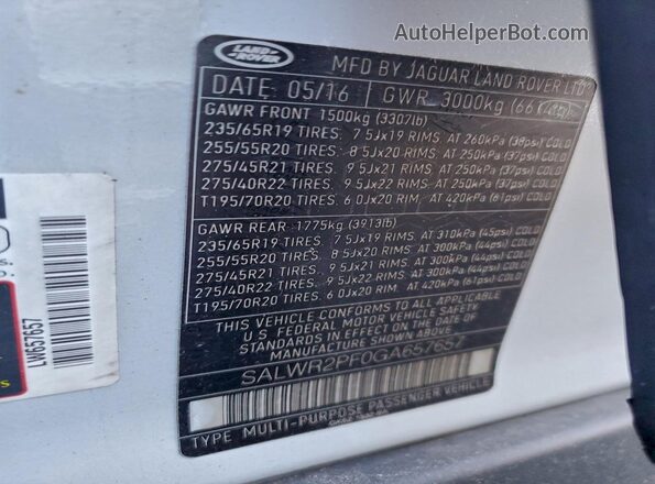 SALWR2PF0GA657657 2016 LAND ROVER RANGE White Widok naklejki z numerem VIN