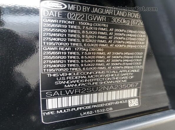 SALWR2SU2NA235067 2022 LAND ROVER RANGE Черный Вид наклейки с VIN-кодом