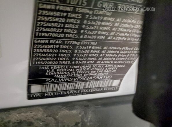 SALWR2VF5GA558190 2016 LAND ROVER RANGE Белый Вид наклейки с VIN-кодом