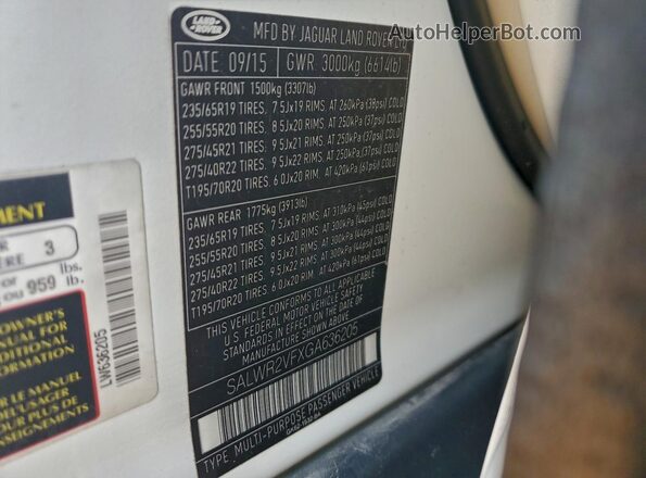 SALWR2VFXGA636205 2016 LAND ROVER RANGE White VIN კოდის სტიკერის ხედი