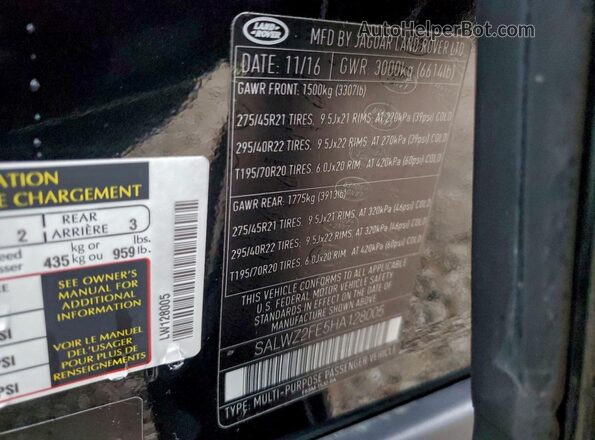 SALWZ2FE5HA128005 2017 LAND ROVER RANGE Black Widok naklejki z numerem VIN