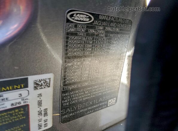 SALYB2EX1LA238459 2020 LAND ROVER RANGE Угольный Вид наклейки с VIN-кодом