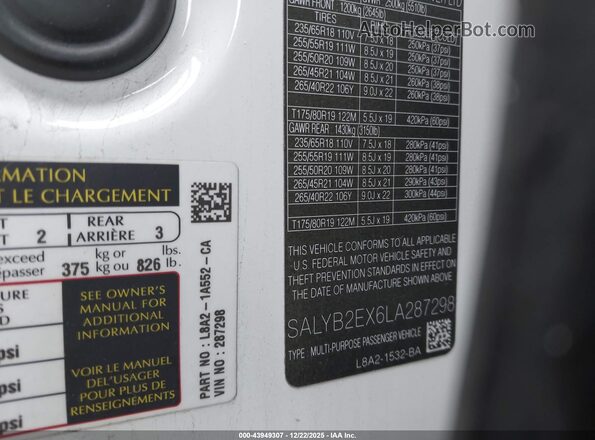 SALYB2EX6LA287298 2020 LAND ROVER RANGE ROVER VELAR Белый Вид подкапотного пространства