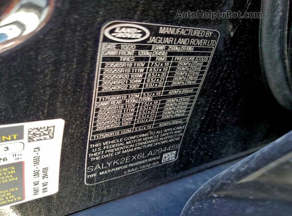 SALYK2EX6LA294459 2020 LAND ROVER RANGE Черный Вид наклейки с VIN-кодом