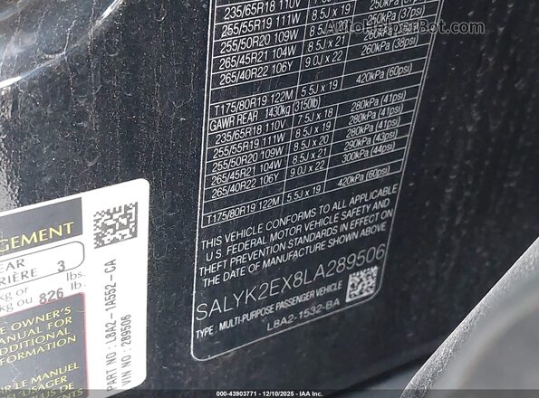 SALYK2EX8LA289506 2020 LAND ROVER RANGE ROVER VELAR Черный Вид подкапотного пространства