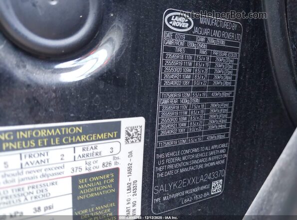 SALYK2EXXLA243370 2020 LAND ROVER RANGE ROVER VELAR Черный Вид подкапотного пространства