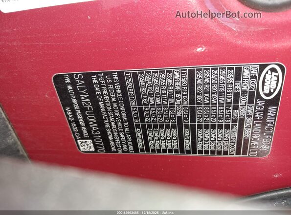 SALYM2FU0MA310770 2021 LAND ROVER RANGE ROVER VELAR Red Widok komory silnika