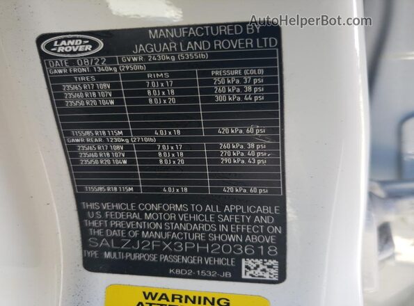 SALZJ2FX3PH203618 2023 LAND ROVER RANGE Белый Панорамный вид салона 360°