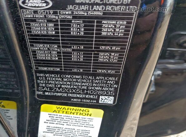 SALZM2GX5LH028935 2020 LAND ROVER RANGE Черный Вид наклейки с VIN-кодом