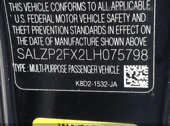 SALZP2FX2LH075798 2020 LAND ROVER RANGE ROVER EVOQUE Black Вид підкапотного простору