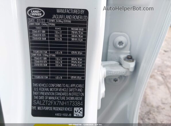 SALZT2FX7NH173384 2022 LAND ROVER RANGE ROVER EVOQUE White ძრავის განყოფილების ხედი