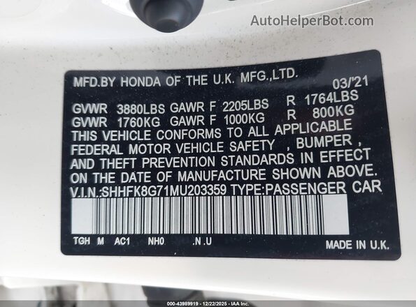 SHHFK8G71MU203359 2021 HONDA CIVIC TYPE R White Widok komory silnika