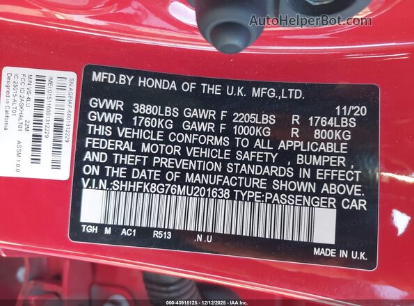 SHHFK8G76MU201638 2021 HONDA CIVIC TYPE R Red Widok komory silnika