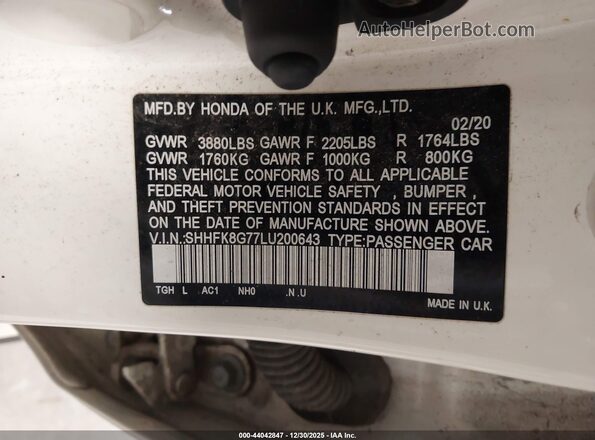 SHHFK8G77LU200643 2020 HONDA CIVIC TYPE R Белый Вид подкапотного пространства
