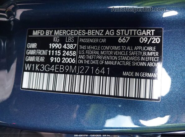 W1K3G4EB9MJ271641 2021 MERCEDES-BENZ A 220 Dark Blue Vista del compartimento del motor