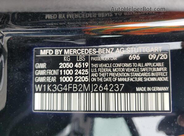 W1K3G4FB2MJ264237 2021 MERCEDES-BENZ A Черный Вид наклейки с VIN-кодом