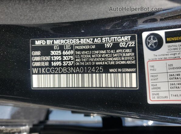 W1KCG2DB3NA012425 2022 MERCEDES-BENZ EQS Черный Вид наклейки с VIN-кодом