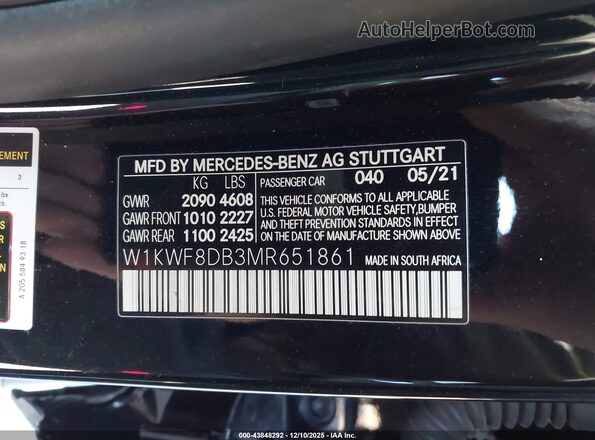 W1KWF8DB3MR651861 2021 MERCEDES-BENZ C-CLASS Черный Вид наклейки с VIN-кодом