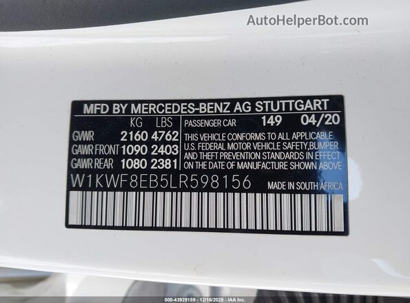 W1KWF8EB5LR598156 2020 MERCEDES-BENZ C-CLASS White Вид підкапотного простору