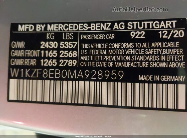 W1KZF8EB0MA928959 2021 MERCEDES-BENZ E-CLASS Silver Вид підкапотного простору