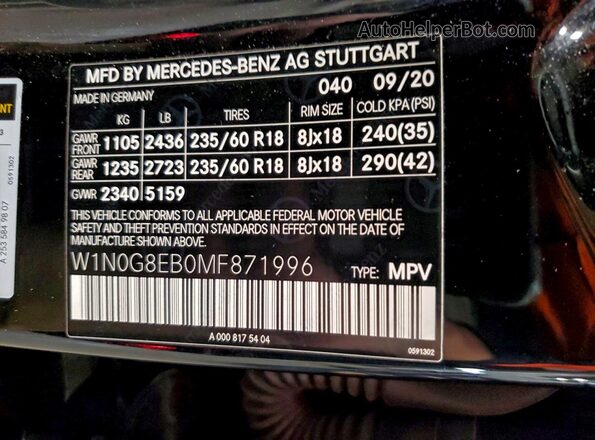 W1N0G8EB0MF871996 2021 MERCEDES-BENZ GLC-CLASS Черный Вид наклейки с VIN-кодом