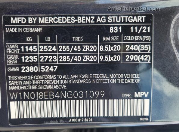 W1N0J8EB4NG031099 2022 MERCEDES-BENZ GLC-CLASS Gray Vista de la etiqueta del VIN