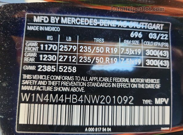 W1N4M4HB4NW201092 2022 MERCEDES-BENZ GLB-CLASS Black Widok naklejki z numerem VIN