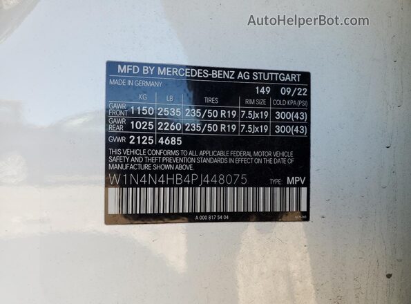 W1N4N4HB4PJ448075 2023 MERCEDES-BENZ GLA White Vista de la etiqueta del VIN