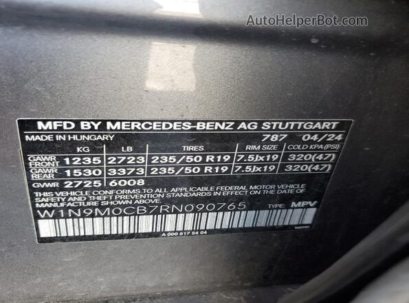 W1N9M0CB7RN090765 2024 MERCEDES-BENZ EQB Серый Вид наклейки с VIN-кодом