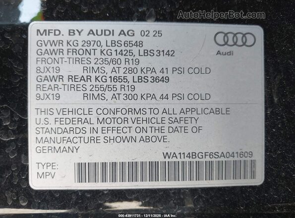 WA114BGF6SA041609 2025 AUDI Q6 E-TRON Черный Вид подкапотного пространства