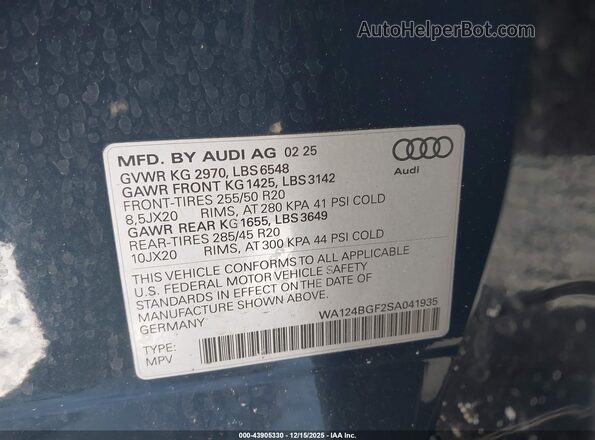 WA124BGF2SA041935 2025 AUDI Q6 E-TRON Blue Vista del compartimento del motor