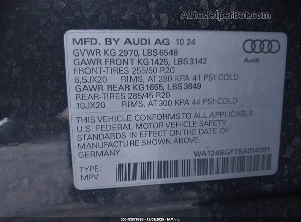 WA124BGF7SA014391 2025 AUDI Q6 E-TRON Gray Вид підкапотного простору