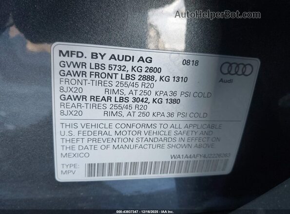 WA1A4AFY4J2226263 2018 AUDI SQ5 Серебряный Вид подкапотного пространства