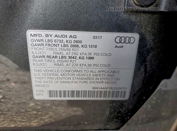 WA1A4AFY8J2008701 2018 AUDI SQ5 Серый Вид наклейки с VIN-кодом