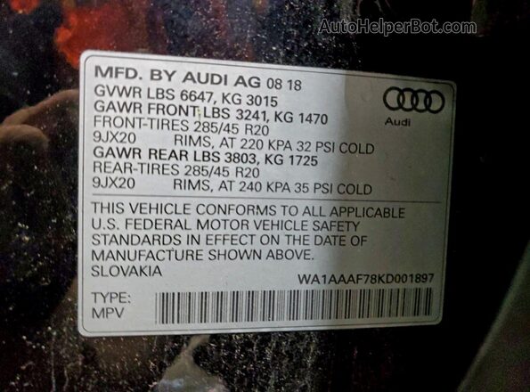 WA1AAAF78KD001897 2019 AUDI Q7 Черный Вид наклейки с VIN-кодом