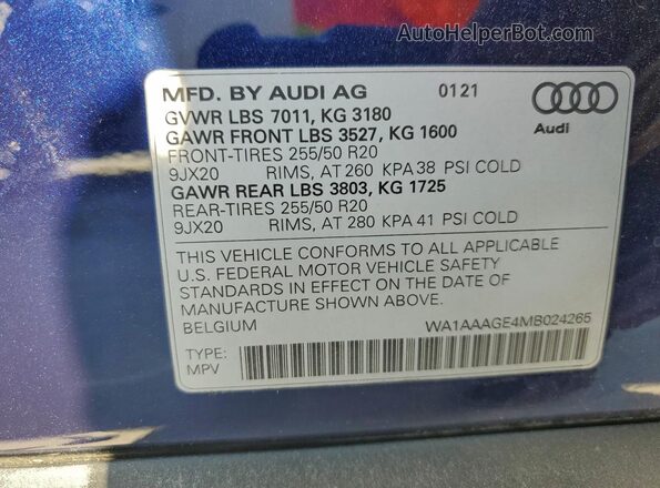 WA1AAAGE4MB024265 2021 AUDI E-TRON Blue Widok wnętrza 360 stopni