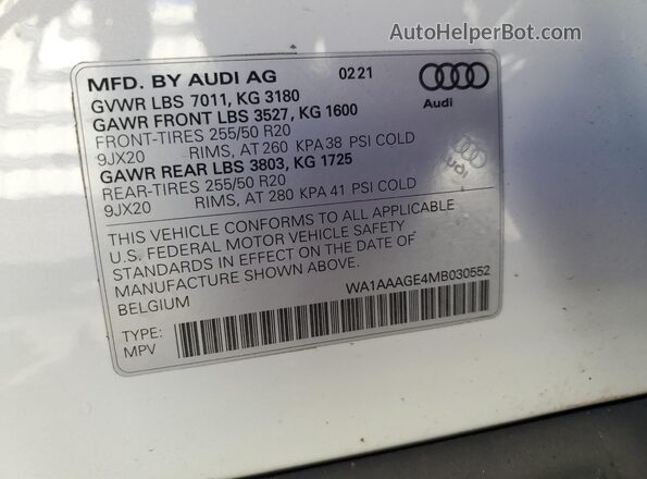 WA1AAAGE4MB030552 2021 AUDI E-TRON White Vista de la etiqueta del VIN