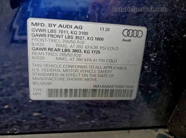 WA1AAAGE7MB013695 2021 AUDI E-TRON Blue სალონის 360-გრადუსიანი ხედი