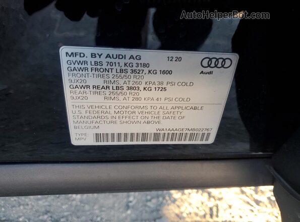 WA1AAAGE7MB022767 2021 AUDI E-TRON Black VIN კოდის სტიკერის ხედი