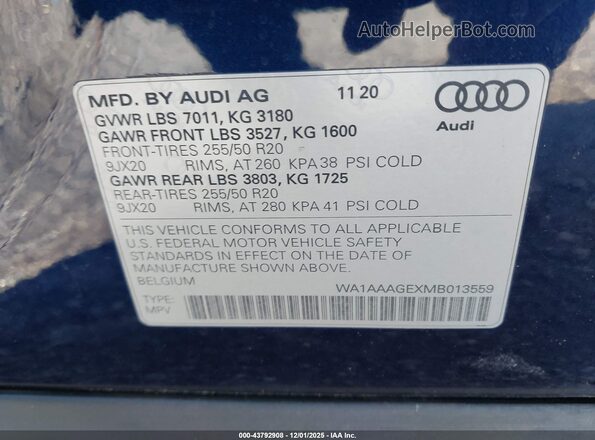 WA1AAAGEXMB013559 2021 AUDI E-TRON Blue ძრავის განყოფილების ხედი