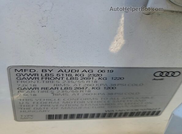 WA1AECF33K1079227 2019 AUDI Q3 Белый Вид наклейки с VIN-кодом