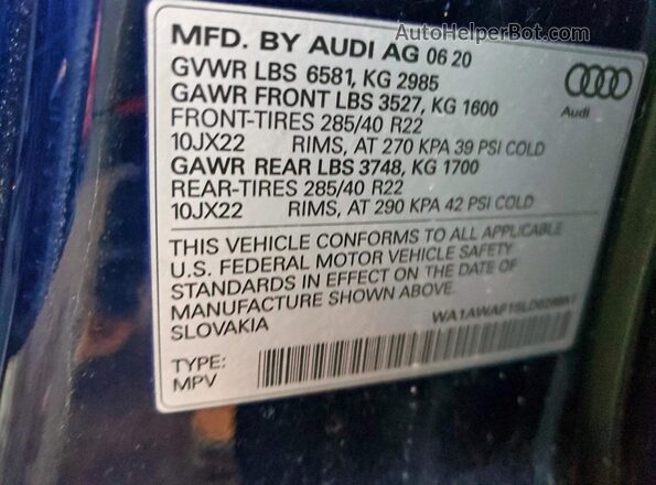 WA1AWAF15LD026951 2020 AUDI SQ8 Blue Widok naklejki z numerem VIN
