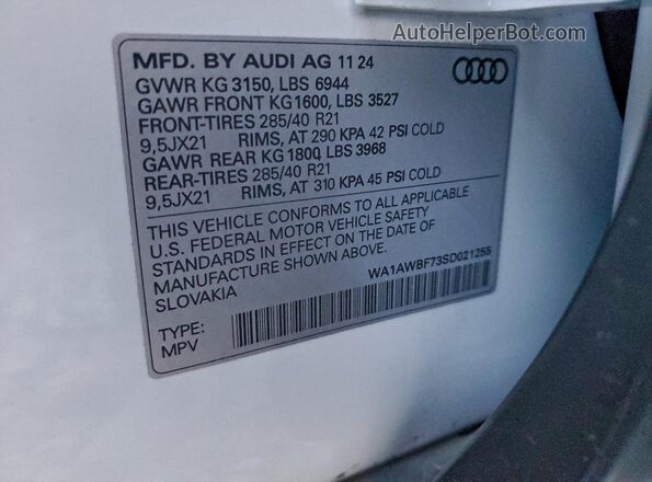 WA1AWBF73SD021255 2025 AUDI SQ7 White Widok naklejki z numerem VIN