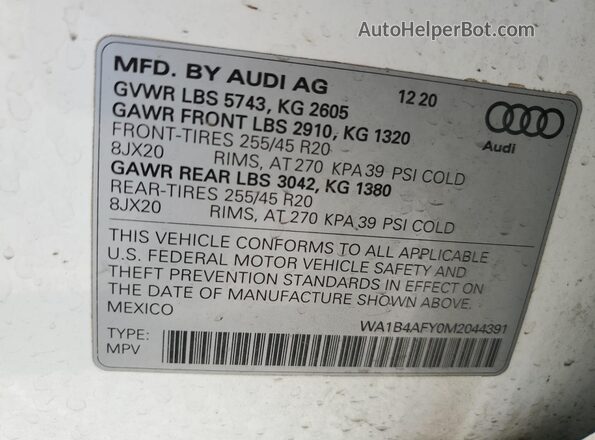 WA1B4AFY0M2044391 2021 AUDI SQ5 Белый Панорамный вид салона 360°